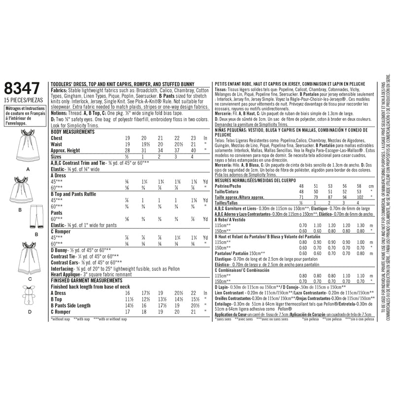 Simplicity S8347 Robe, Haut, Capri Tricoté et Lapin en Peluche pour Tout-Petits (1/2-1-2-3-4)