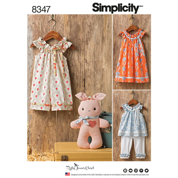 Simplicity S8347 Toddlers' Dress, Top, Knit Capris, and Stuffed Bunny (1/2-1-2-3-4)