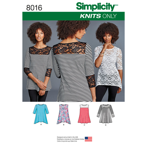 Simplicity S8016 Misses' Knit Tops with Lace Variations (XXS-XS-S-M-L-XL-XXL)
