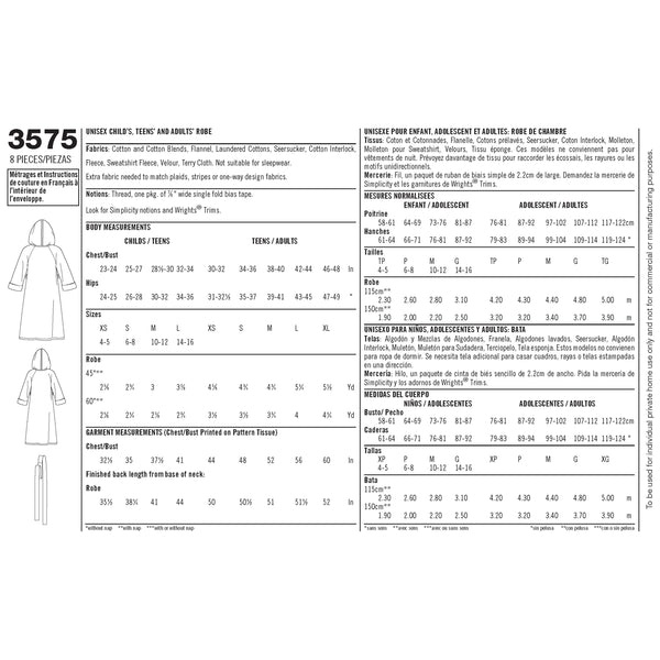 Simplicity S3575 Child's, Teens' & Adults' Robe (XS-S-M-L/ XS-S-M-L-XL)