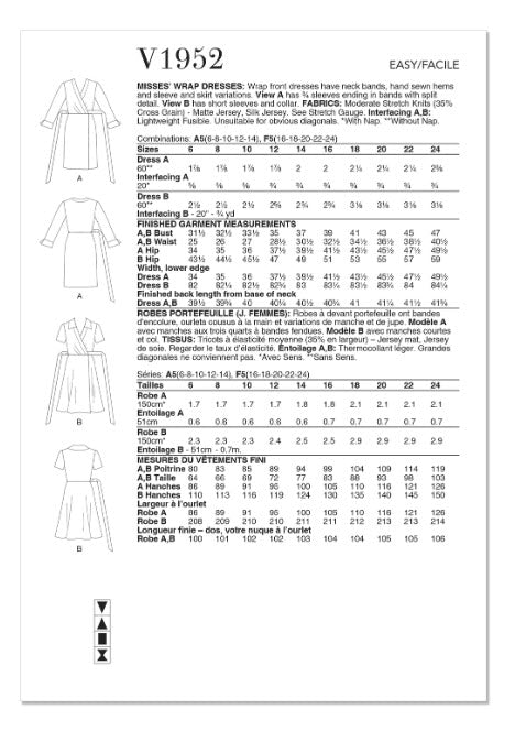V1952 Misses' Wrap Dresses (16-18-20-22-24)