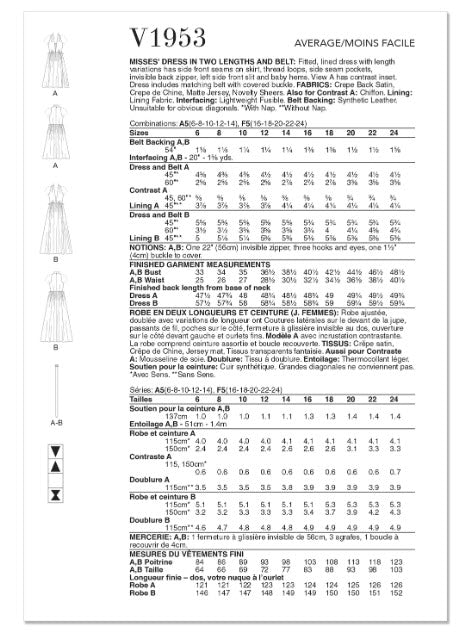 V1953 Misses' Dress In Two Lengths and Belt (16-18-20-22-24)