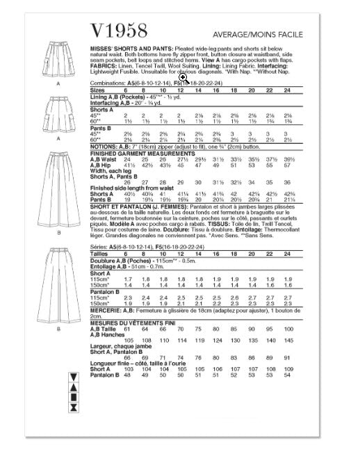 V1958 Shorts et pantalons pour femmes (6-8-10-12-14)