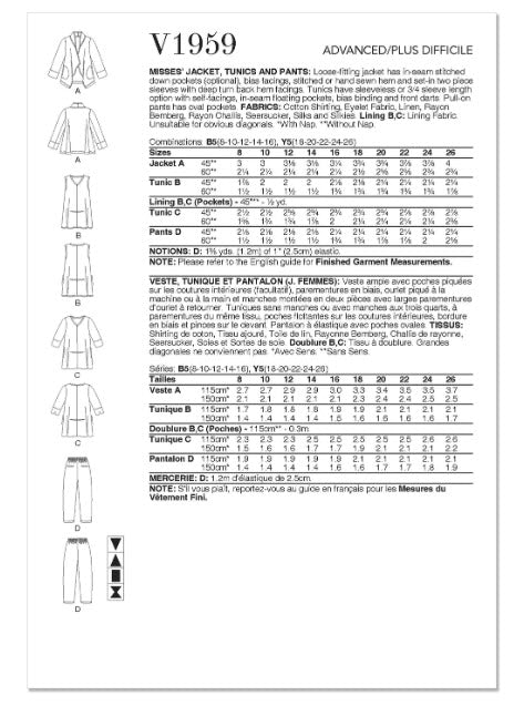V1959 Vestes, tuniques et pantalons pour dames par Marcy Tilton (8-10-12-14-16)