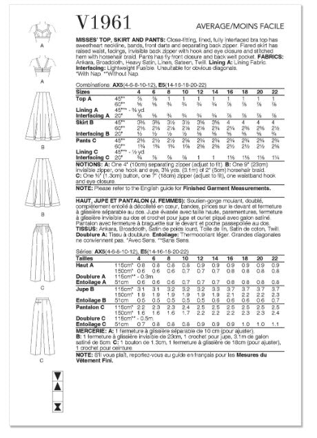 V1961 Top, jupe et pantalon pour femmes (4-6-8-10-12)