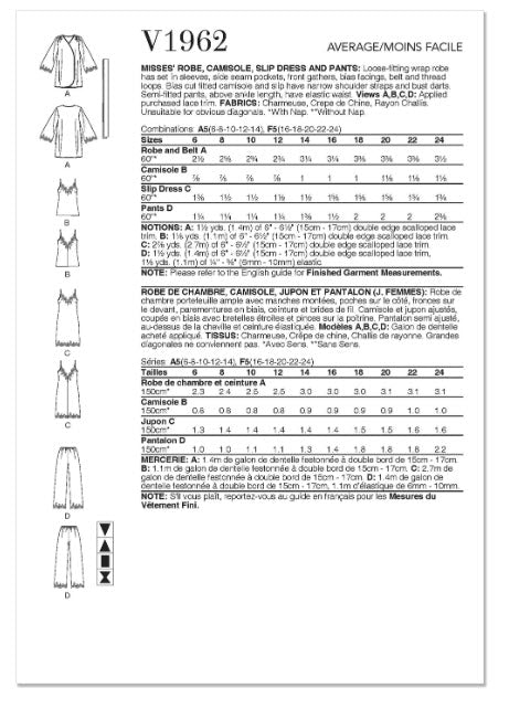 V1962 Misses' Robe, Camisole, Slip Dress and Pants (16-18-20-22-24)