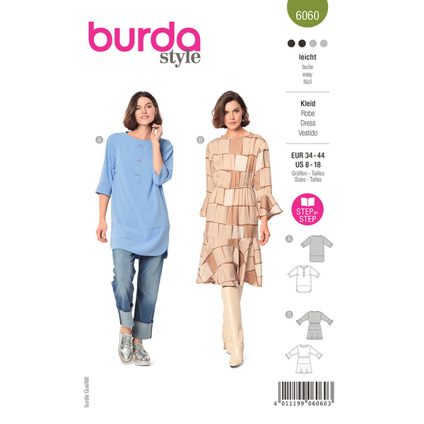 BURDA - 6060 Tunic Top with Bands / Dress with Flounces and Elastic Waist