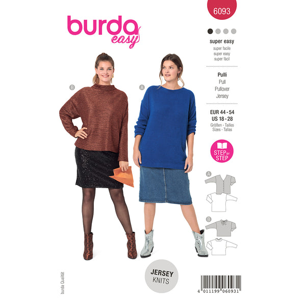 BURDA - 6093 Pullover with Deep Back Neckline, Slit and Bow