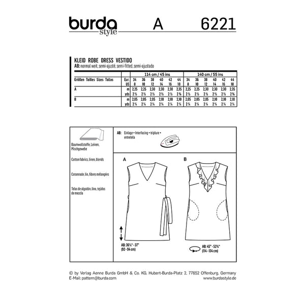 BURDA - 6221 Sans manche robe avec encolure en V avec volant