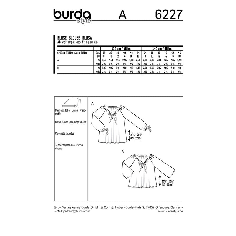 BURDA - 6227 Carmen Blouse avec Drawstring Neckline