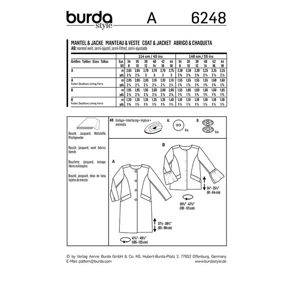 BURDA - 6248 Manteau/veste – sans col
