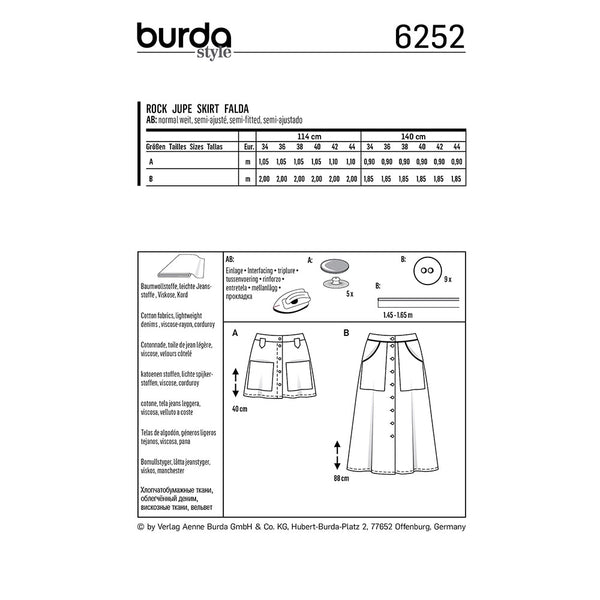 BURDA - 6252 Jupe - forme évasée - boutonnée devant