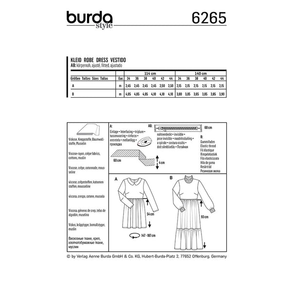 BURDA - 6265 Robe avec un col Claudine - robe midi avec une jupe à large volant