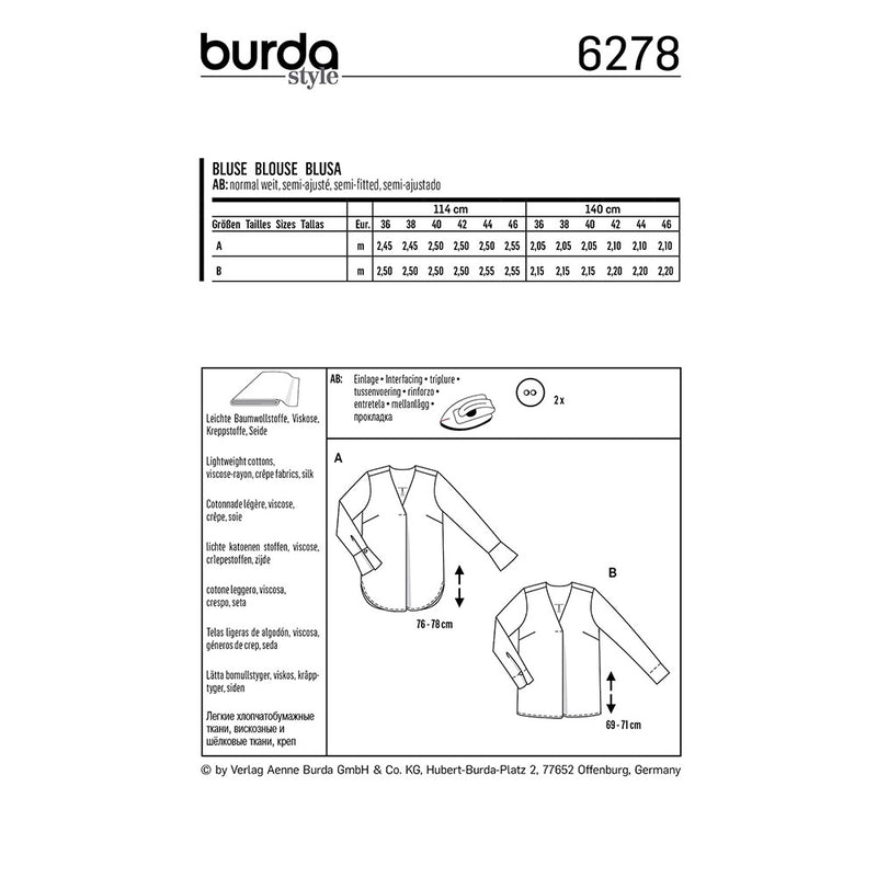 BURDA - 6278 Blouse avec un empiècement dos - encolure en V - pli unilatéral sur le devant