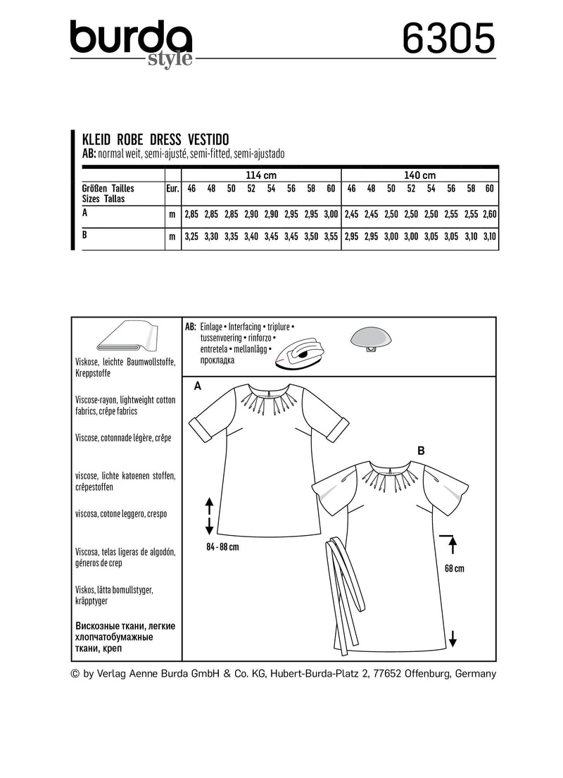 BURDA - 6305 Tee-shirt et robe – plis à l'encolure – ligne trapèze