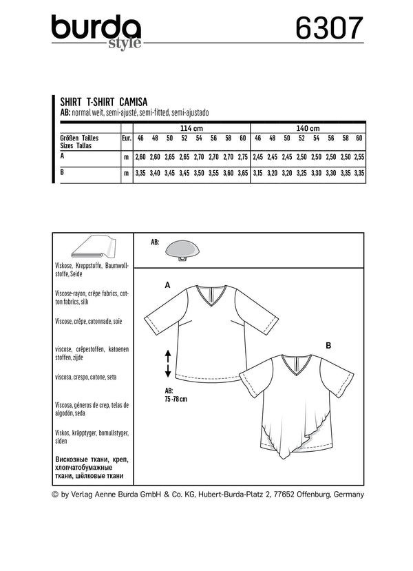 BURDA - 6307 Blouse tee-shirt – encolure en V – avec un dessus asymétrique