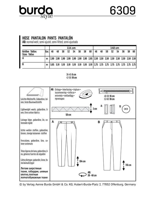 BURDA - 6309 Basic Pants/Trousers with Back Elastic Casing – Cone Shape
