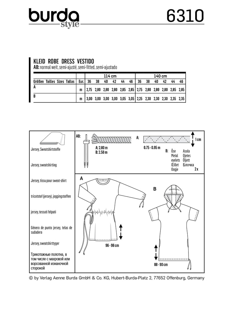 BURDA - 6310 Shirt Dress – Hooded Dress – Drawstring Casing