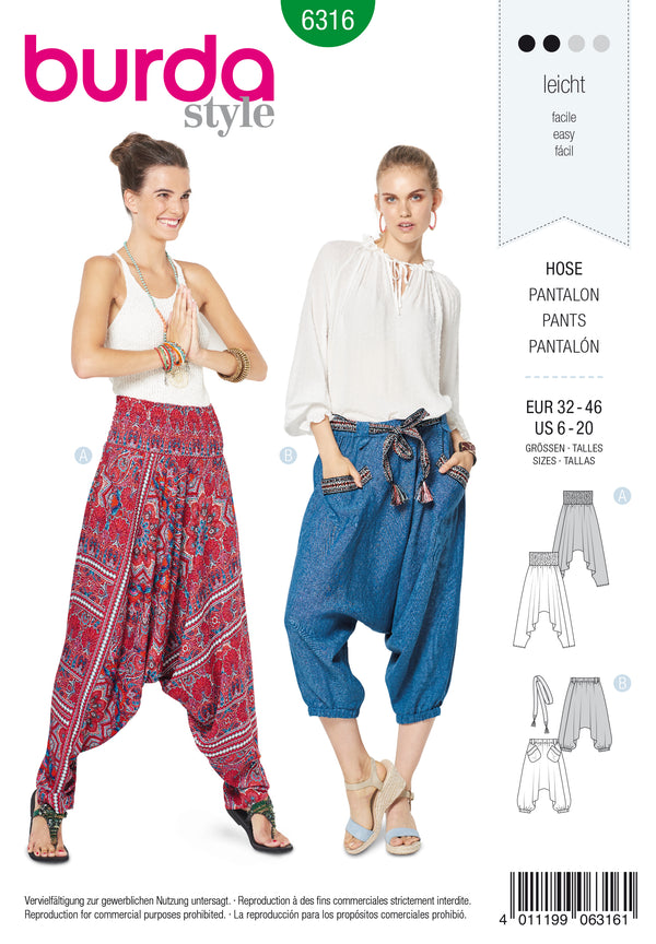 BURDA - 6316 Pantalon sarouel – pantalon oriental – ceinture smockée élastique