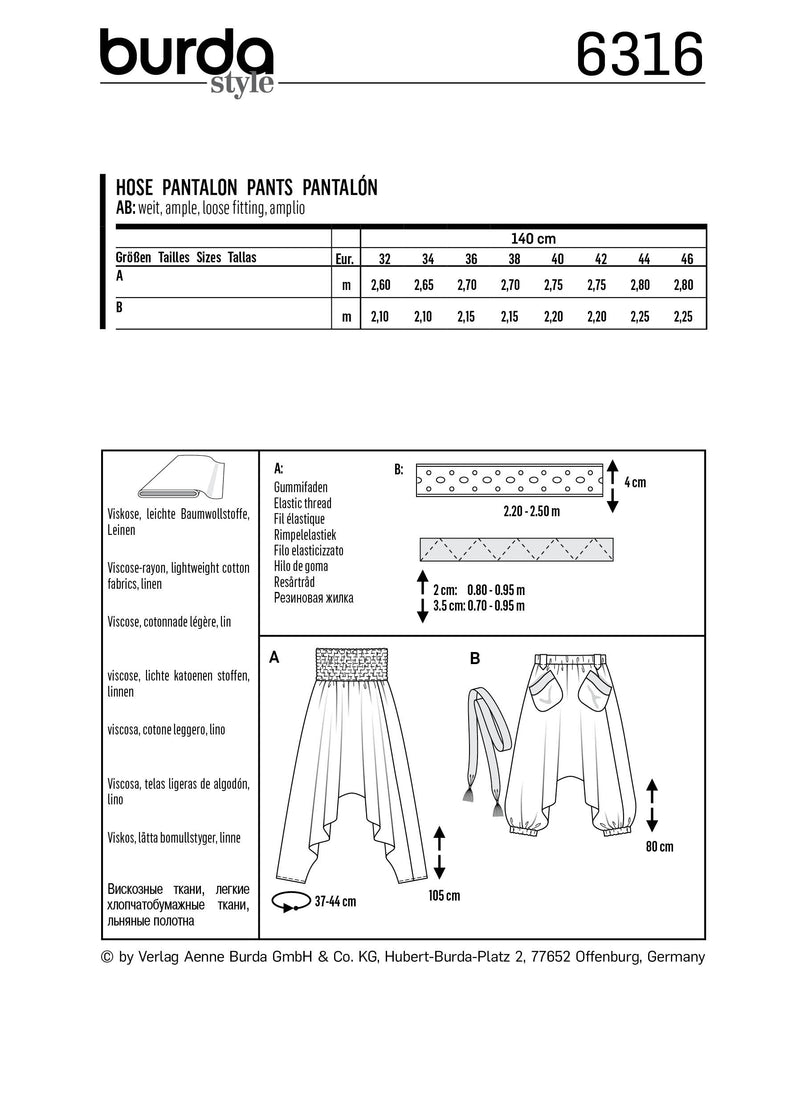 BURDA - 6316 Sarouel Pants/Trousers – Harem Pants/Trousers – Shirred Waistband