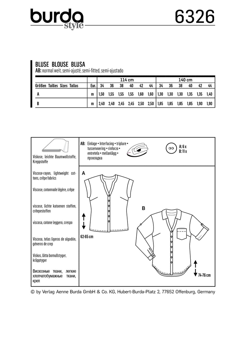 BURDA - 6326 Shirt Blouse  – V-Neck with Neckline Band – B with Collar