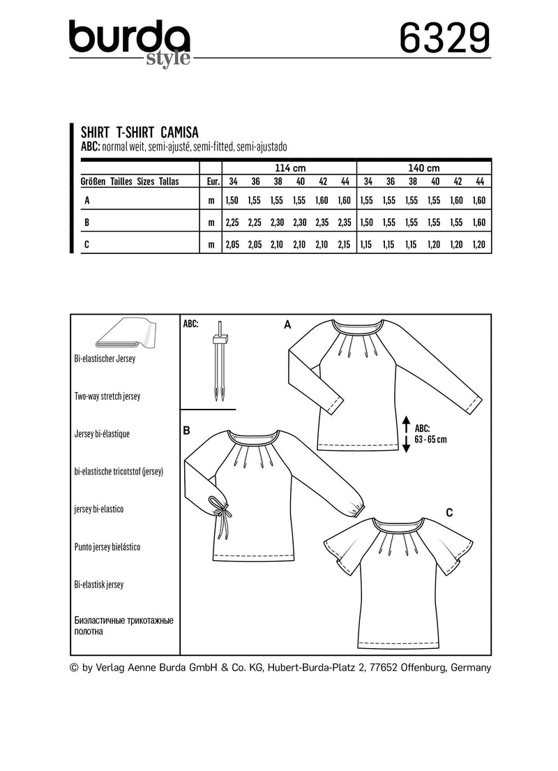 BURDA - 6329 T-shirt raglan – petits plis à l'encolure – variantes de manche