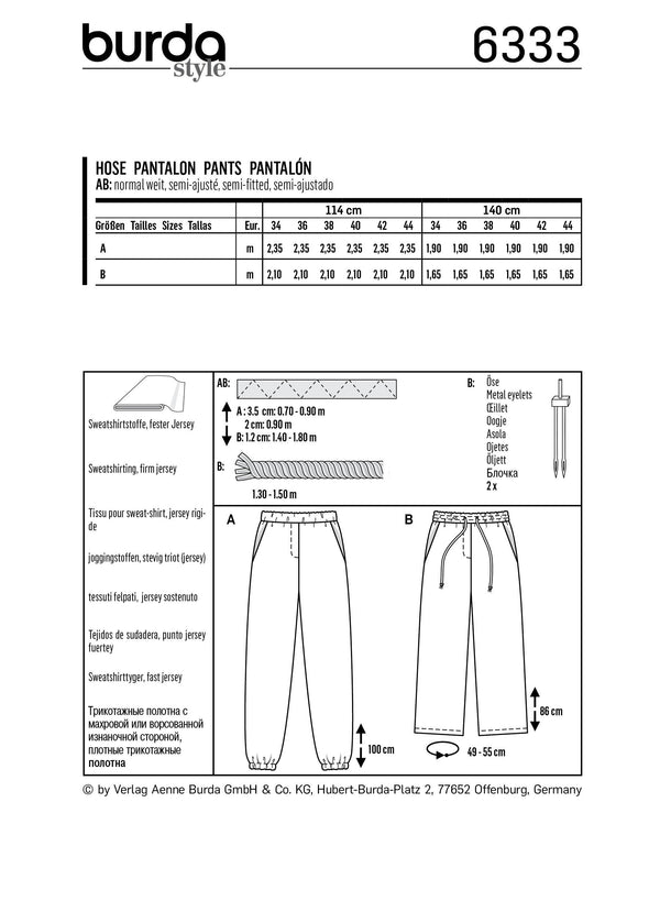 BURDA - 6333 Jogging Pants with Elastic and Drawstring Waist – Pockets