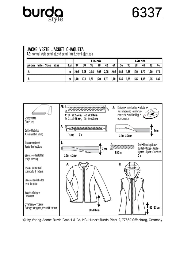 BURDA - 6337 Quilted Jacket with Zip Fastening – Hooded Vest