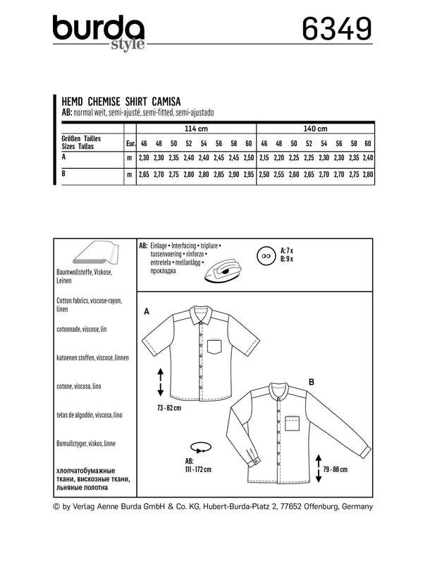 BURDA - 6349 Chemise homme – manches courtes – manches longues – chemise à col droit