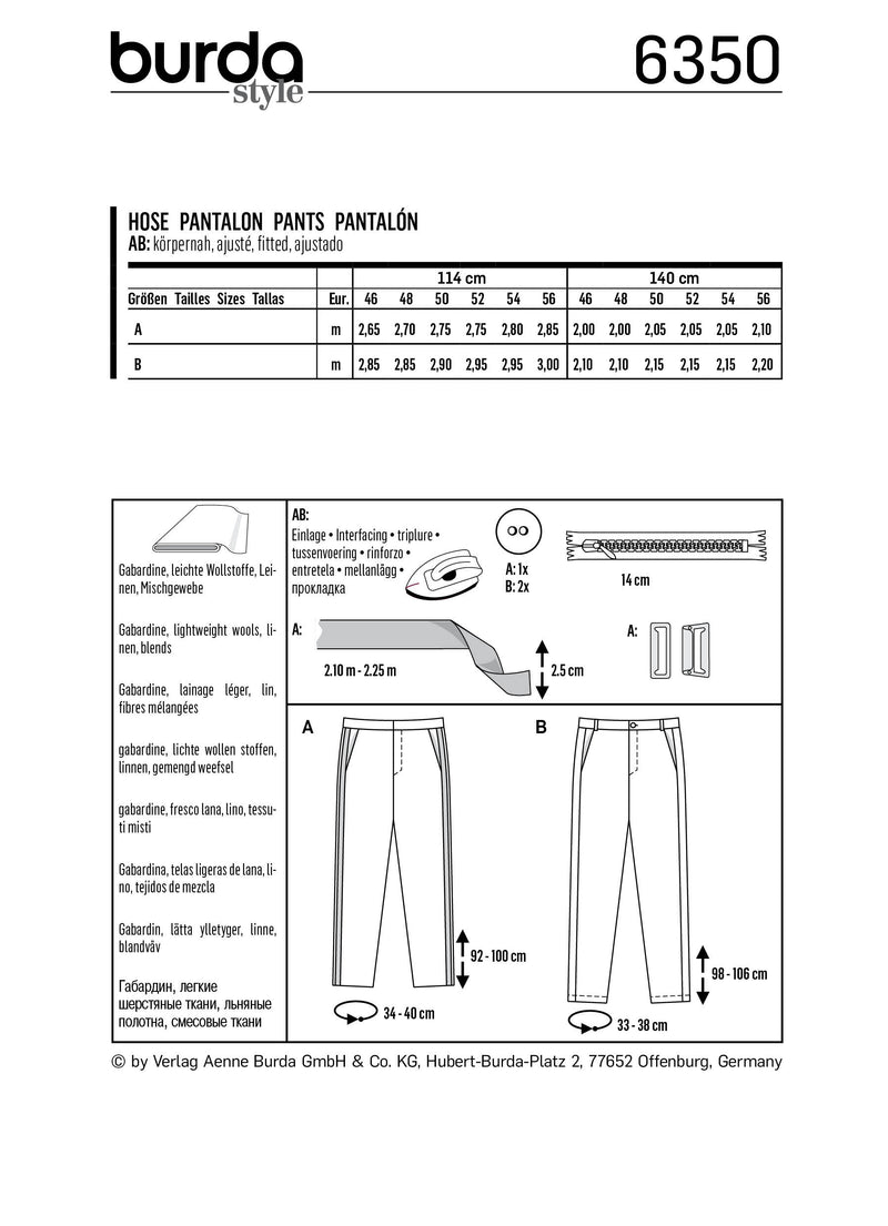BURDA - 6350 Men’s Pants/Trousers