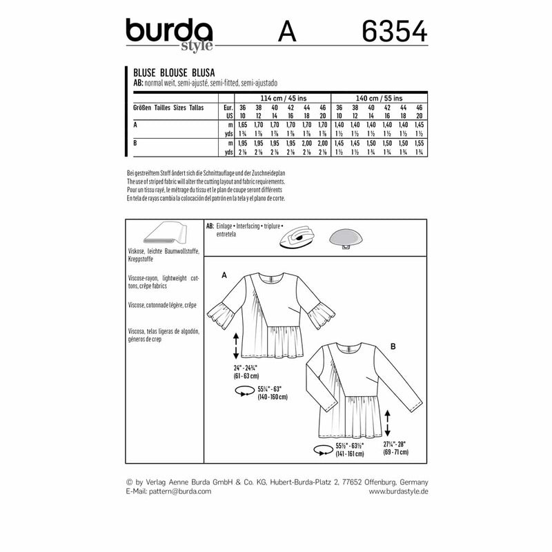 BURDA 6354 - Blouse - asymétrique avec un large ruché