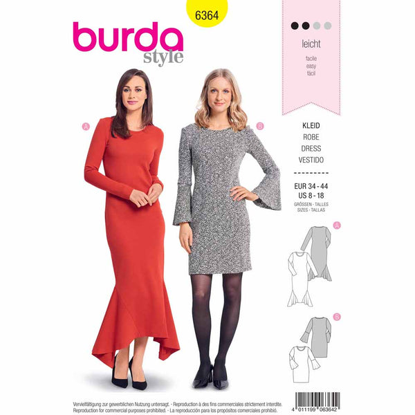 BURDA 6364 - Long Dress with Side Godets - Shirt Dress with Sleeve Flounces