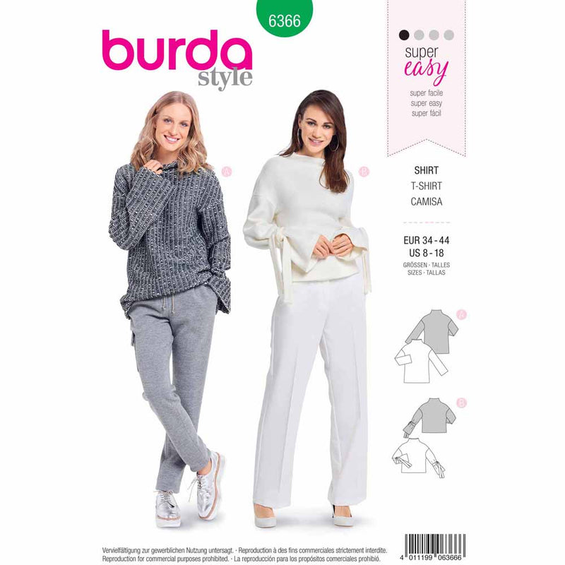 BURDA 6366 - Top with Integral Stand Collar- Sleeves with Tie Bands
