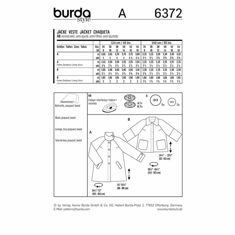BURDA 6372 - Veste raglan - forme évasée