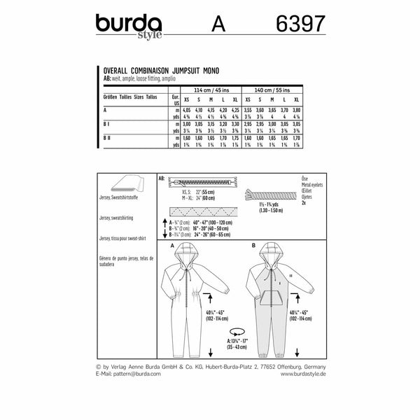 BURDA 6397 - Hooded Jumpsuit For ″Him″ Und ″Her″