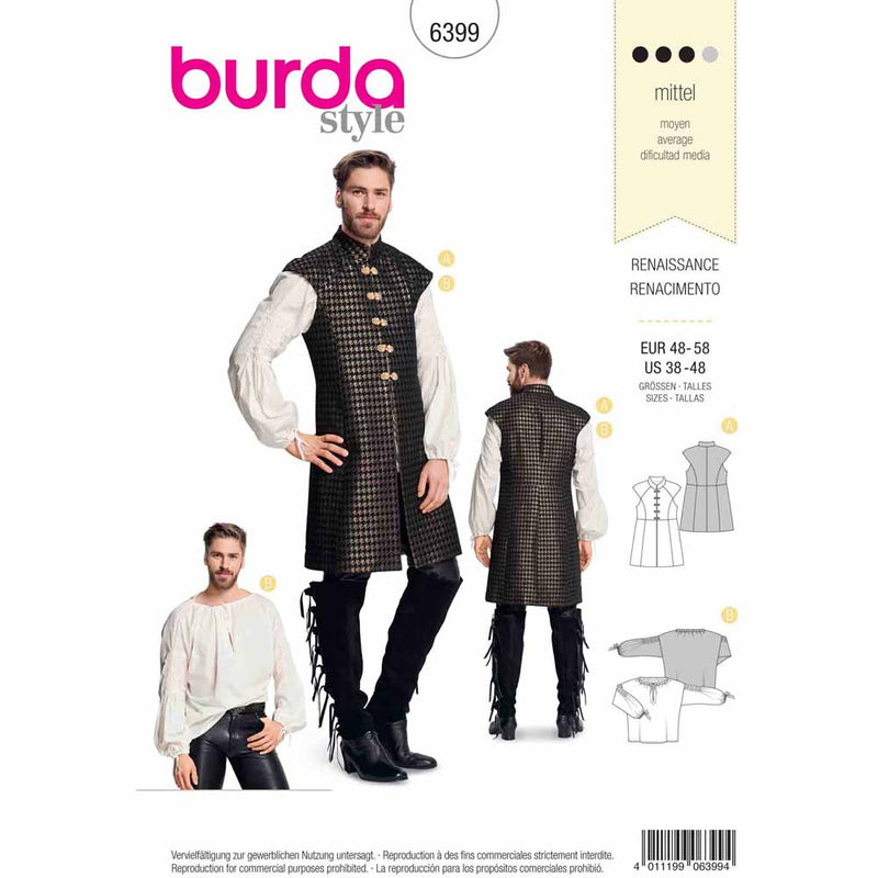 BURDA 6399 - Renaissance - Long Vest/Waistcoat and Shirt For Men