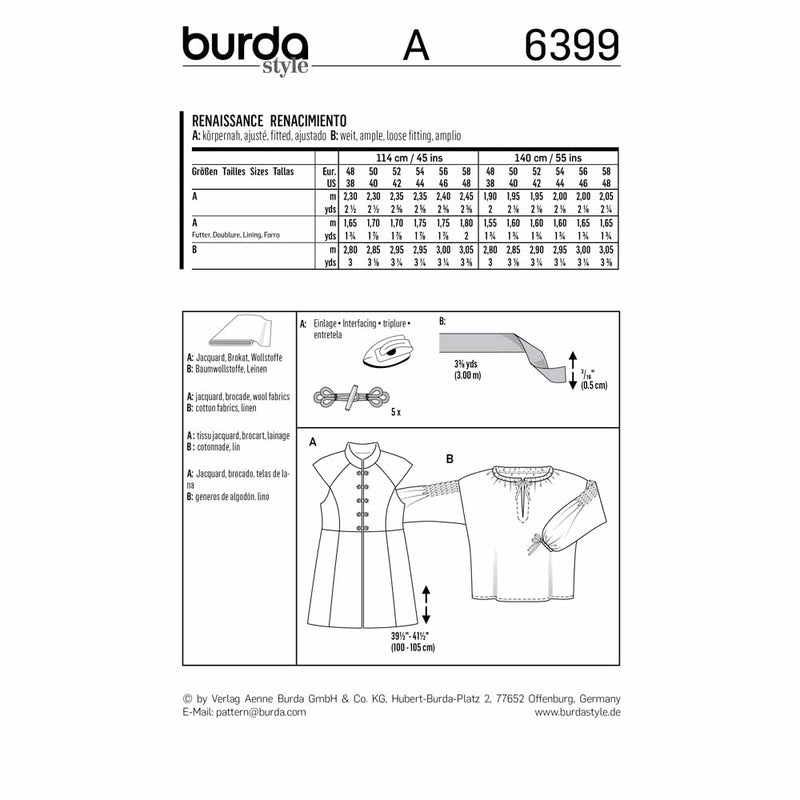 BURDA 6399 - Renaissance - Long Vest/Waistcoat and Shirt For Men