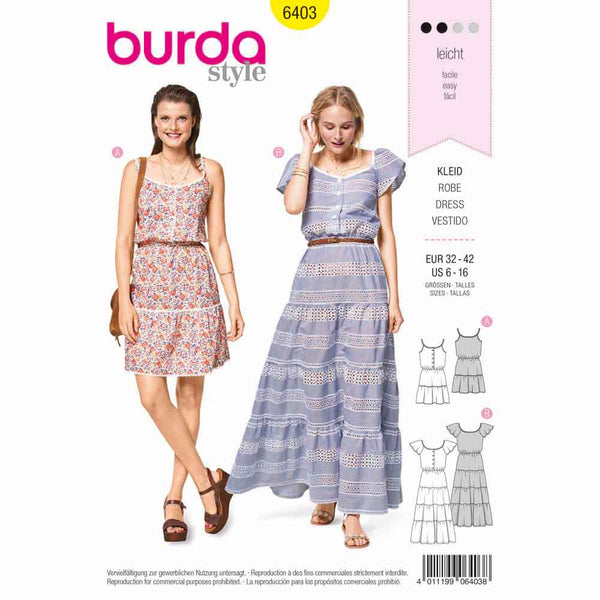 BURDA - 6403 Tiered Dress - Buttoned Top - Elastic Casing at the Waist
