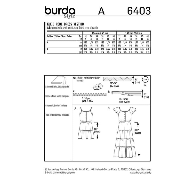 BURDA - 6403 Robe à étages - buste boutonné - coulisse élastiquée à la taille