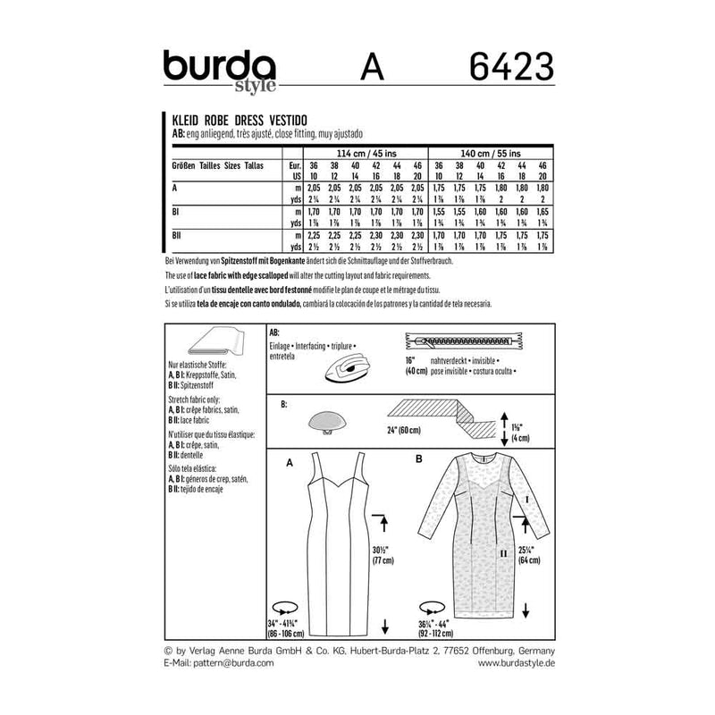 BURDA - 6423 Strap Dress - Lace Dress with 3/4-Sleeves