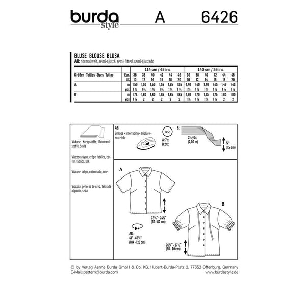BURDA - 6426 Blouse à manches courtes  - col chemisier