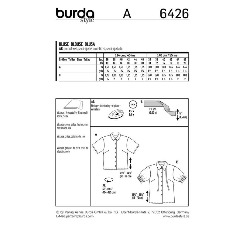 BURDA - 6426 Short Sleeved Blouse - Shirt Blouse Collar