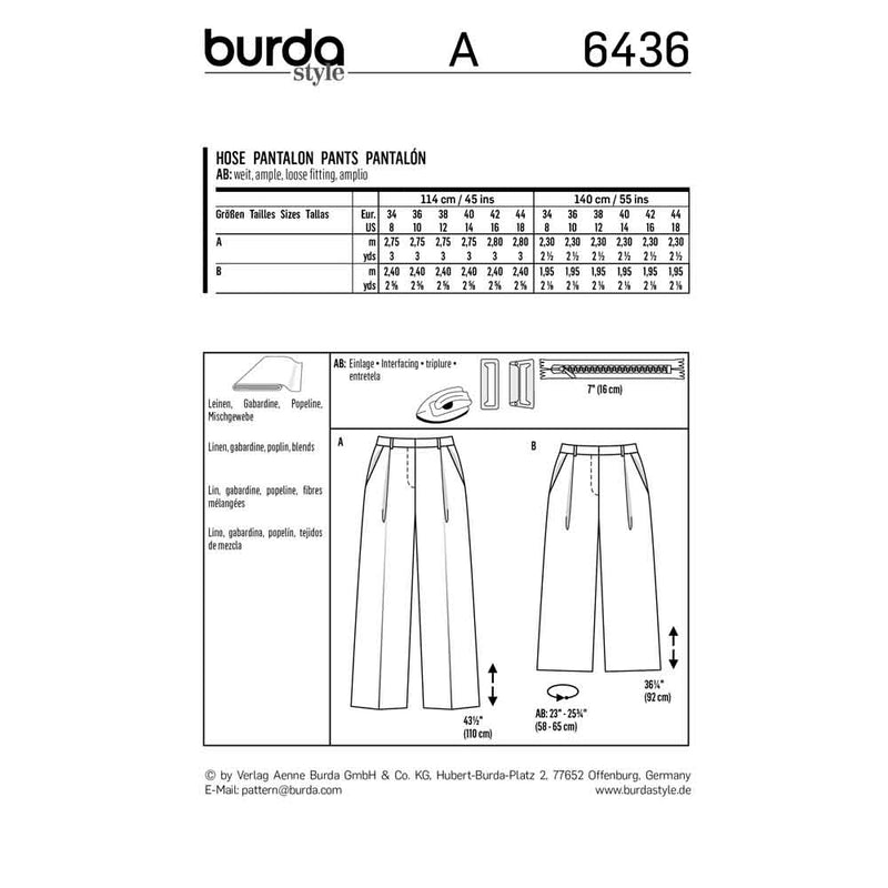 BURDA - 6436 Trousers/Pants - Culottes - Wide Leg