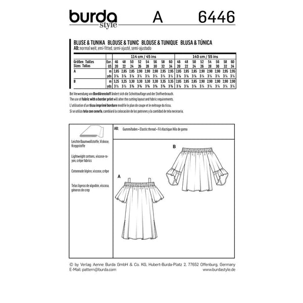 BURDA - 6446 Blouse, Tunic Top - Shirred Neckline, Sleeve Frills