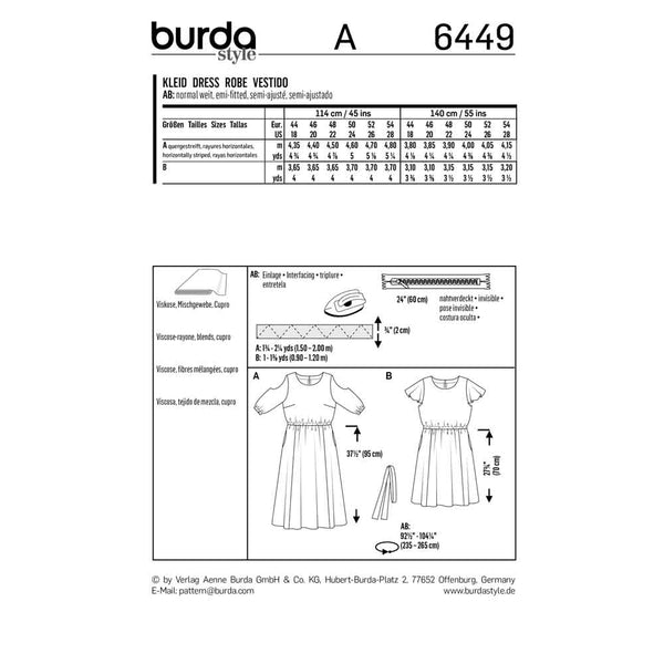 BURDA - 6449 Robe d'été à coulisse élastiquée - manches découpées - manches volantées