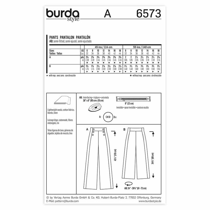 BURDA - 6573 Pantalons pour femmes