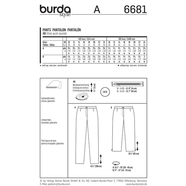 BURDA - 6681 Pantalons pour femmes