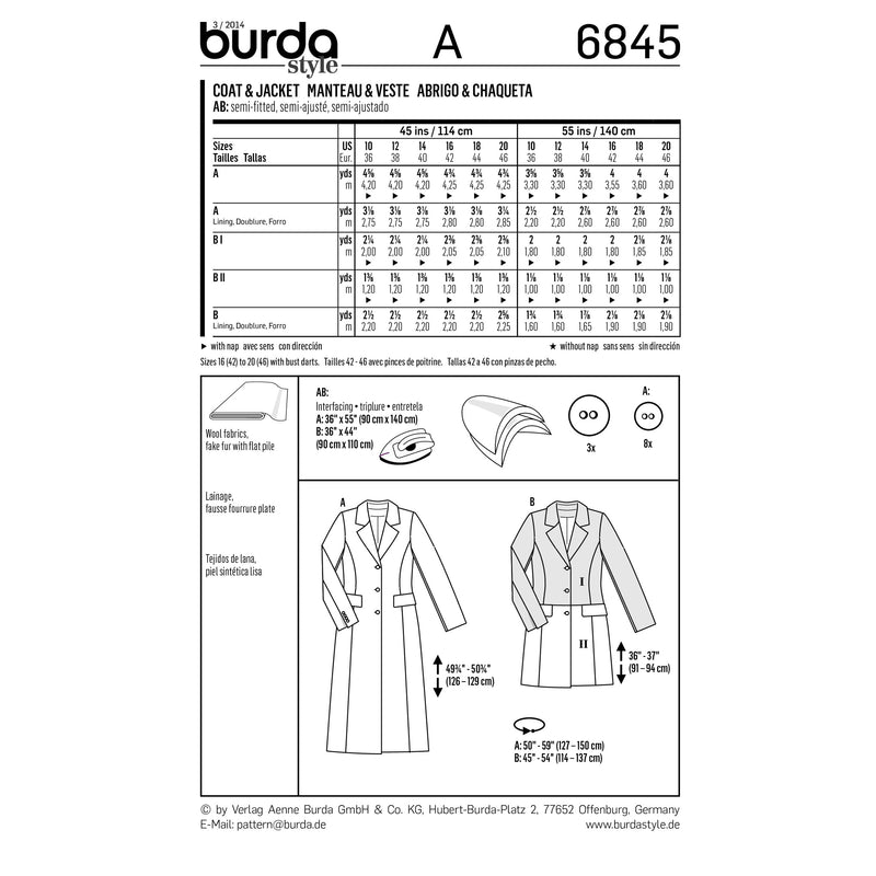 BURDA - 6845 Ladies Coat/Jacket