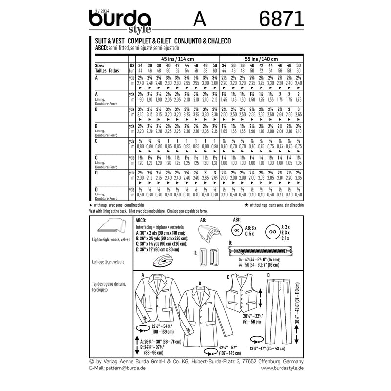 BURDA - 6871 Mens Suit/Vest