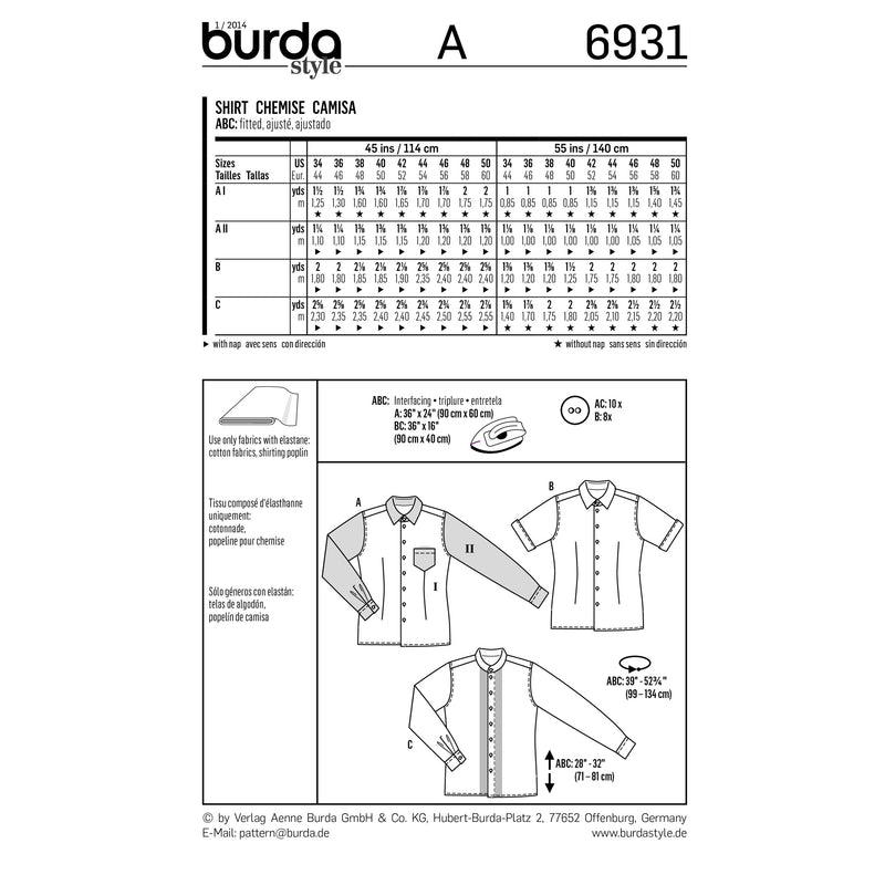 BURDA - 6931 Chemise homme